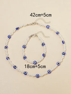10032 1b-058 Collar con diseño de ojo con cuenta con perla artificial con pulsera