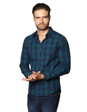 Camisas Hombre Casuales De Manga Larga Con Estampado De Cuadros De Algodón Slim Fit B35105 Verde