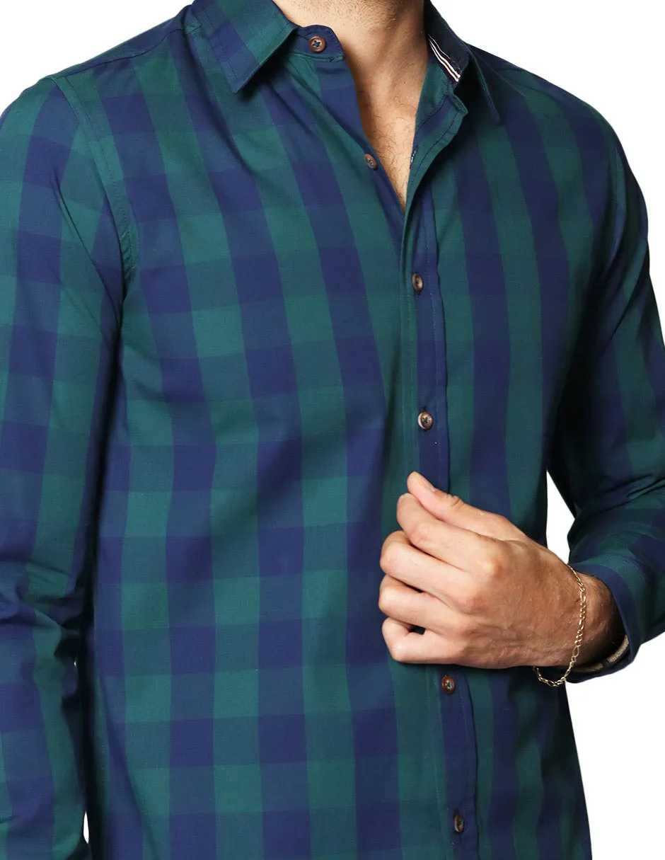Camisas Hombre Casuales De Manga Larga Con Estampado De Cuadros De Algodón Slim Fit B35105 Verde
