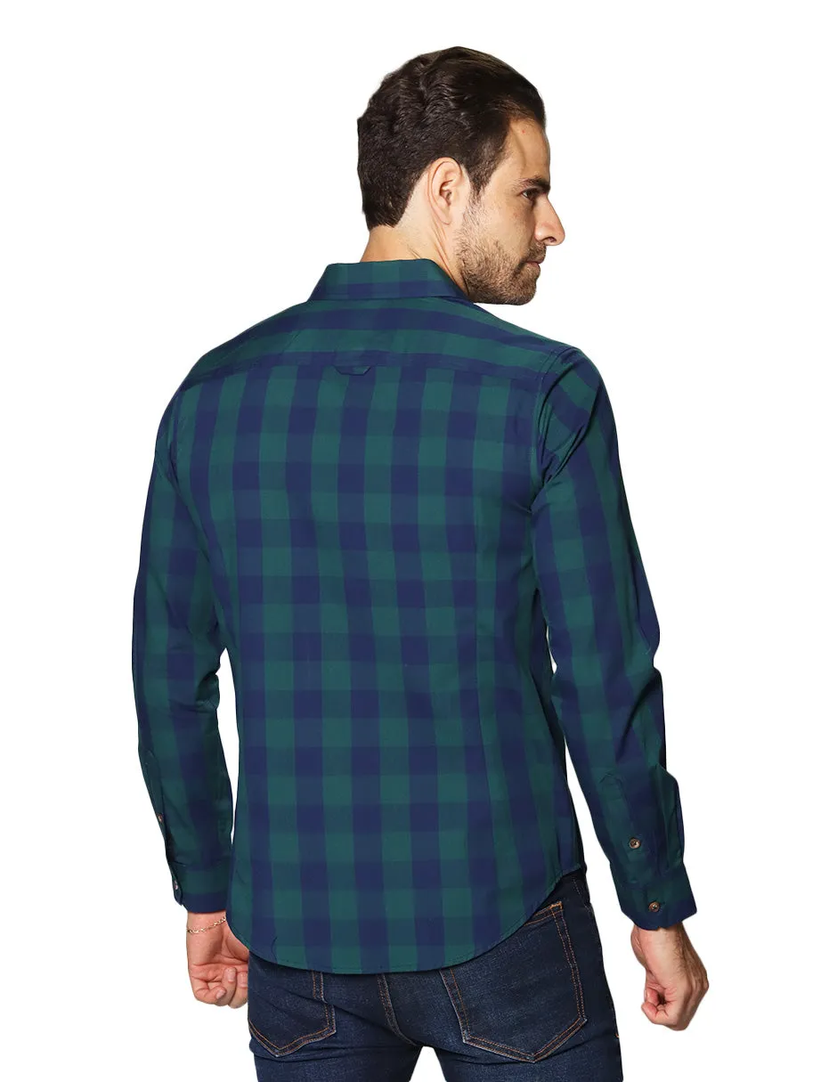 Camisas Hombre Casuales De Manga Larga Con Estampado De Cuadros De Algodón Slim Fit B35105 Verde