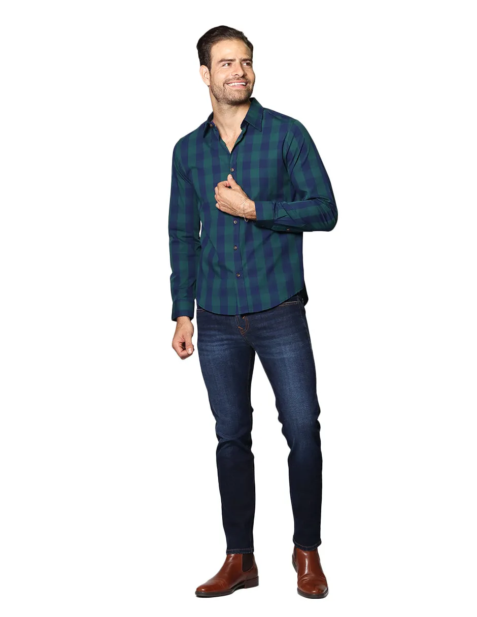 Camisas Hombre Casuales De Manga Larga Con Estampado De Cuadros De Algodón Slim Fit B35105 Verde