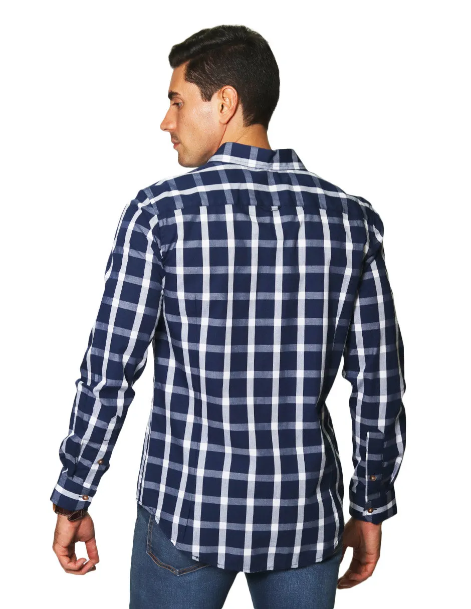 Camisas Hombre Casuales De Manga Larga Con Estampado De Cuadros De Algodón Slim Fit B35106 Marino