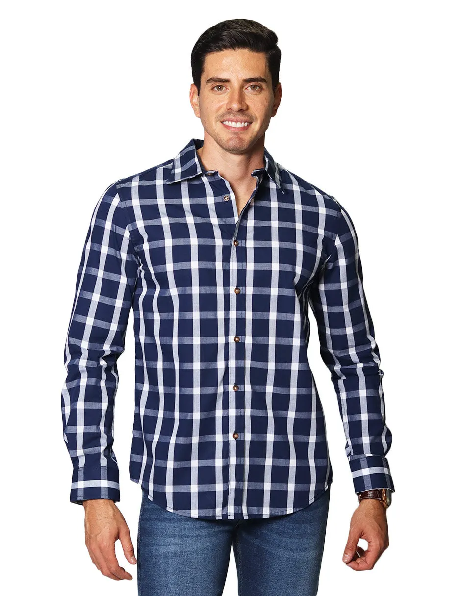 Camisas Hombre Casuales De Manga Larga Con Estampado De Cuadros De Algodón Slim Fit B35106 Marino