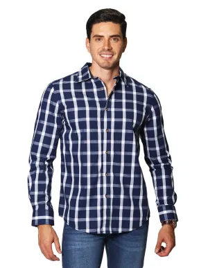 Camisas Hombre Casuales De Manga Larga Con Estampado De Cuadros De Algodón Slim Fit B35106 Marino