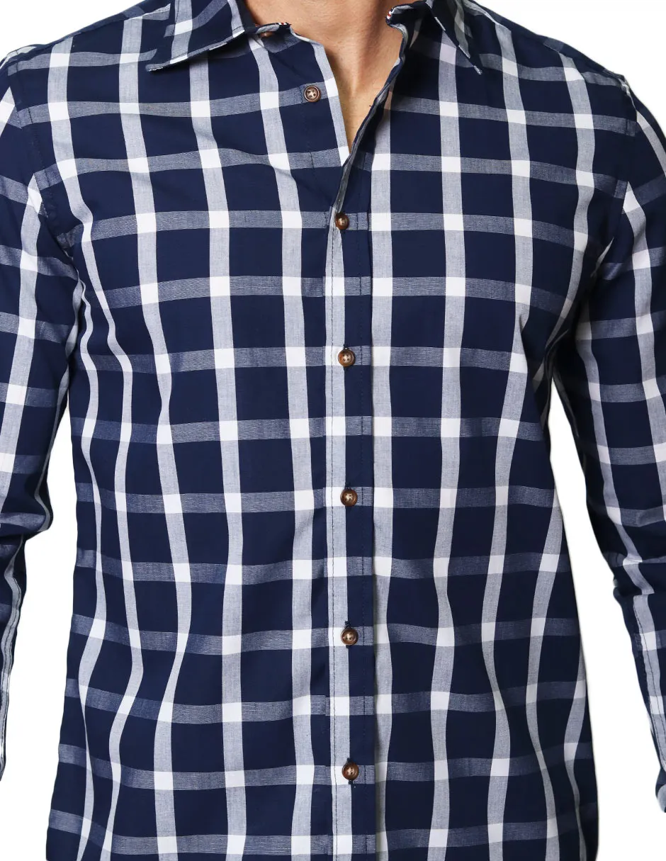 Camisas Hombre Casuales De Manga Larga Con Estampado De Cuadros De Algodón Slim Fit B35106 Marino