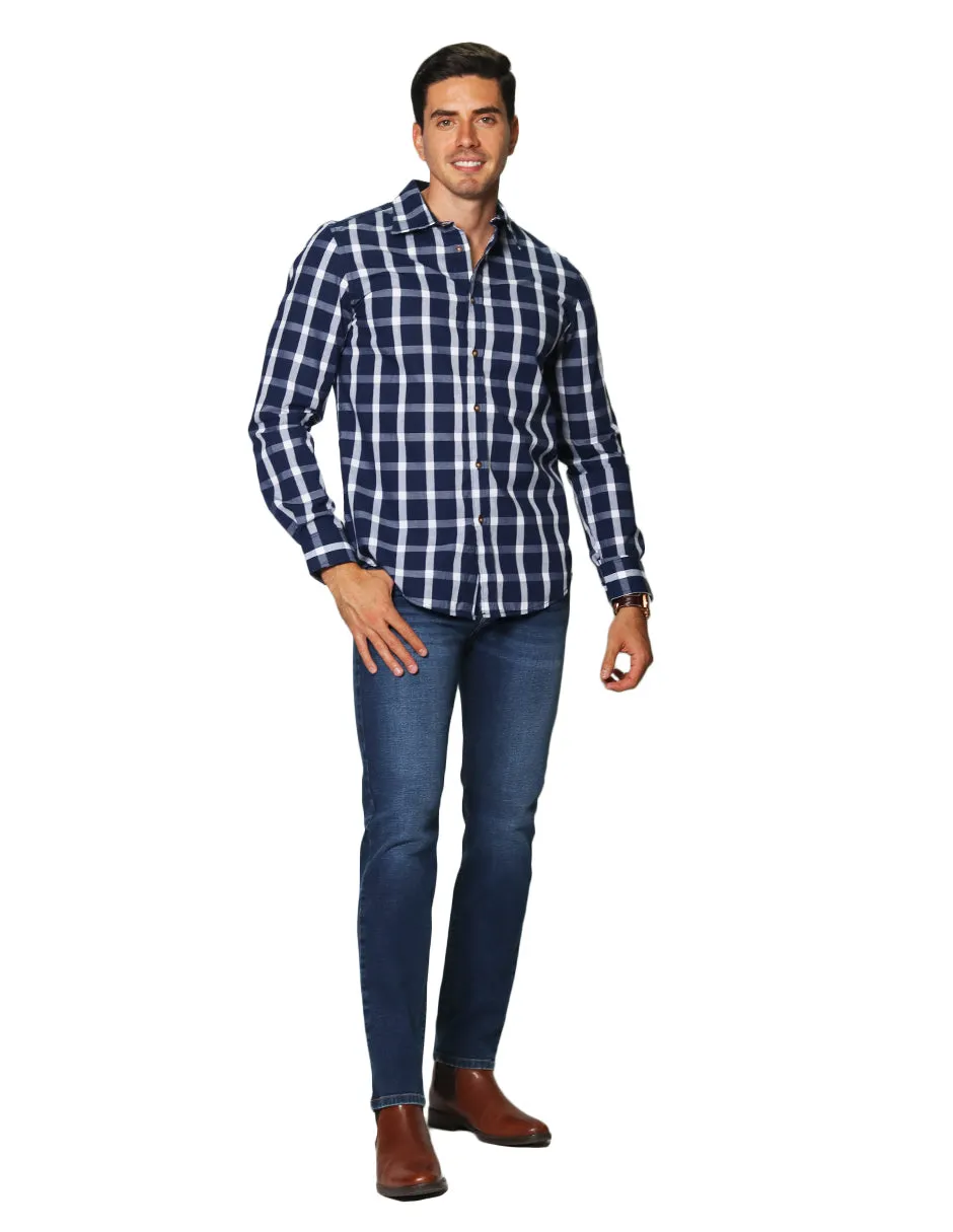 Camisas Hombre Casuales De Manga Larga Con Estampado De Cuadros De Algodón Slim Fit B35106 Marino