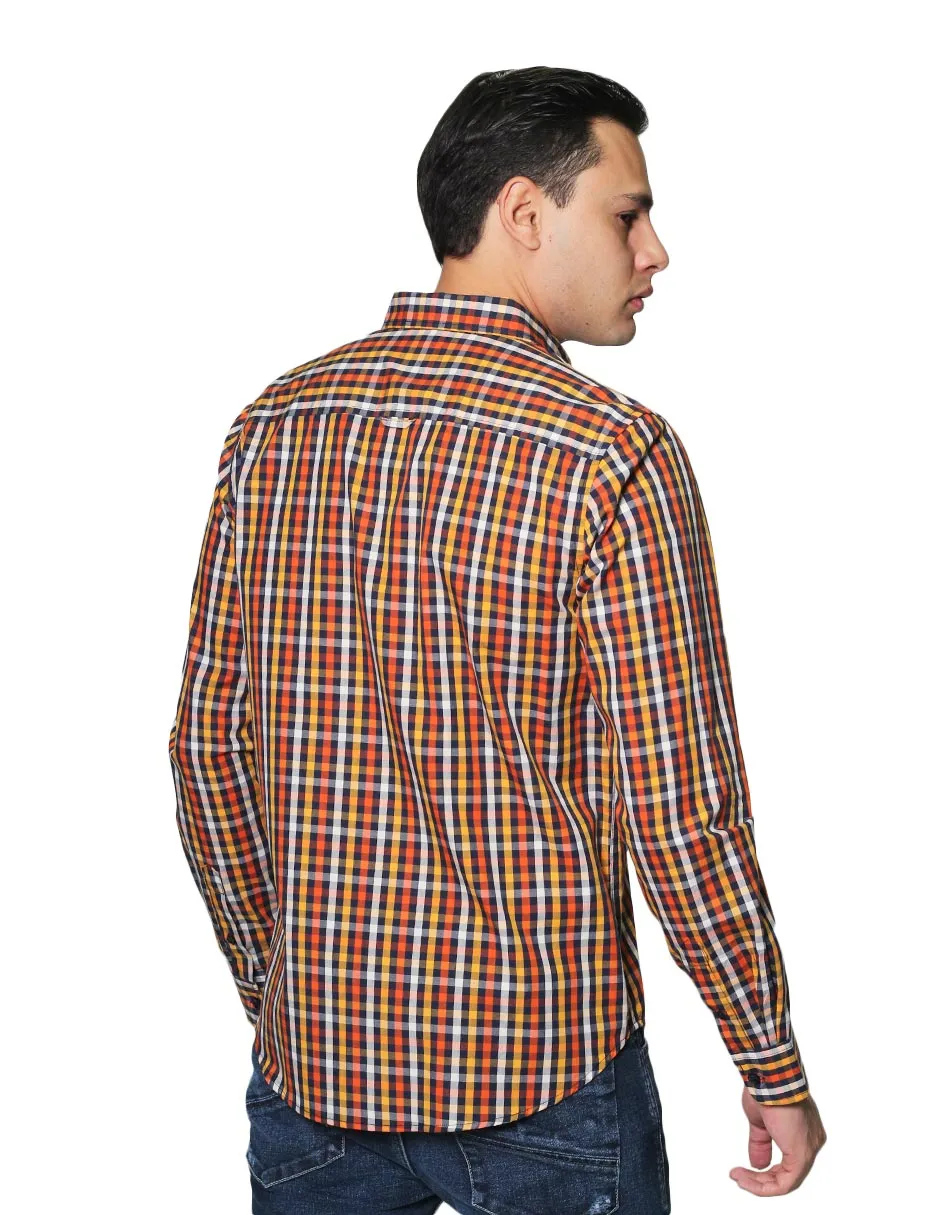 Camisas Hombre Manga Larga Cuadros Regular Fit B31229 Naranja