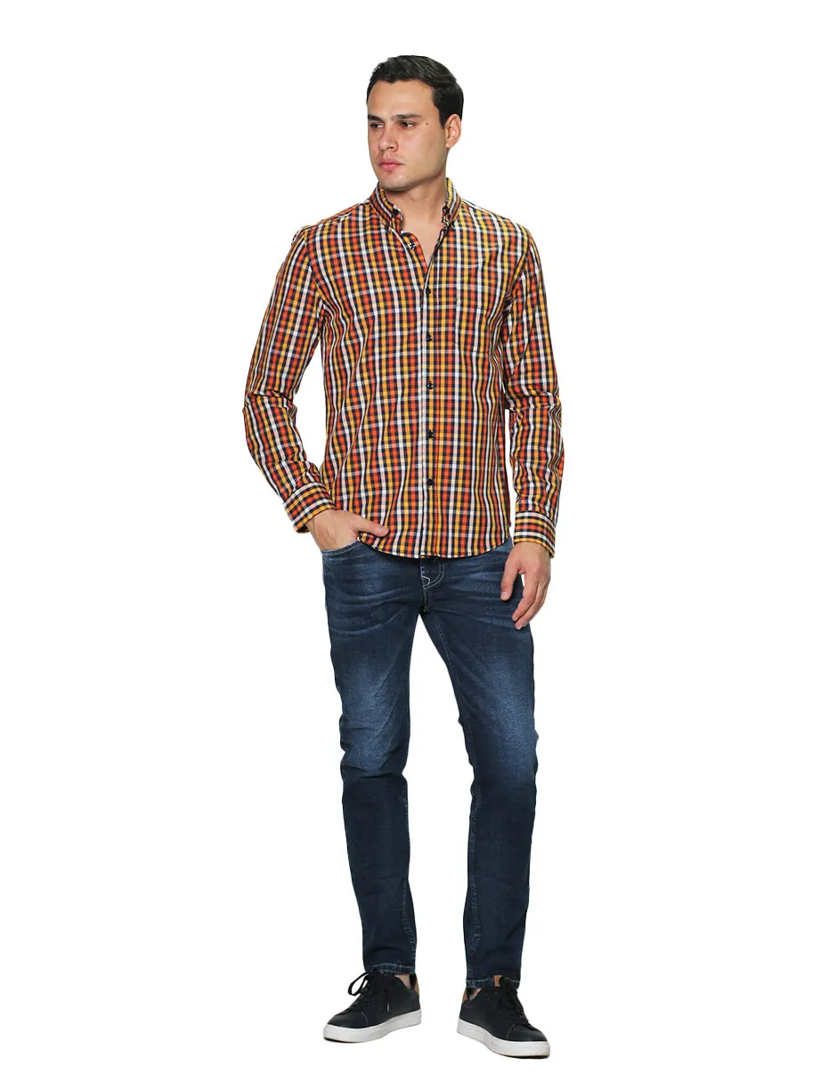 Camisas Hombre Manga Larga Cuadros Regular Fit B31229 Naranja