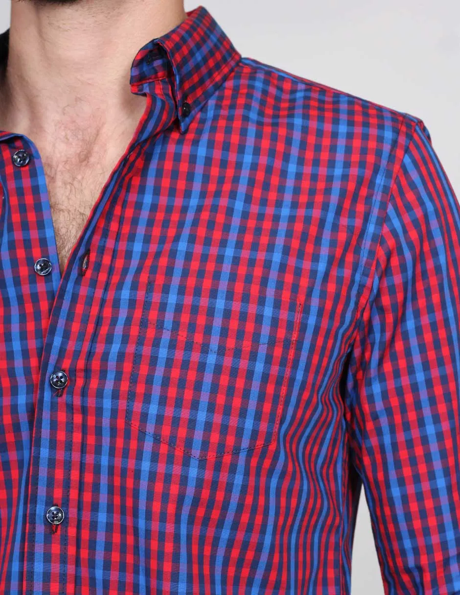 Camisas Hombre Manga Larga Cuadros Rojo B15214