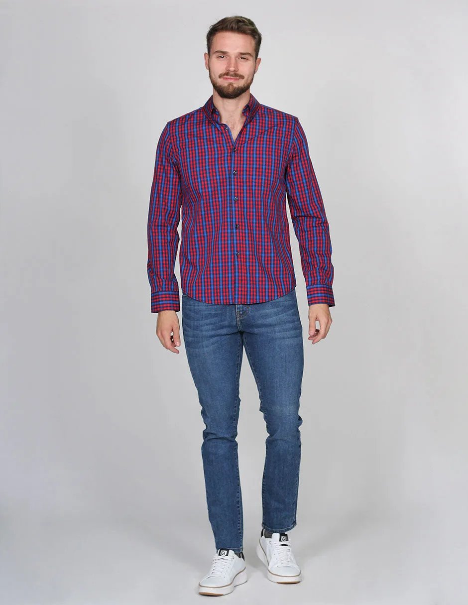 Camisas Hombre Manga Larga Cuadros Rojo B15214