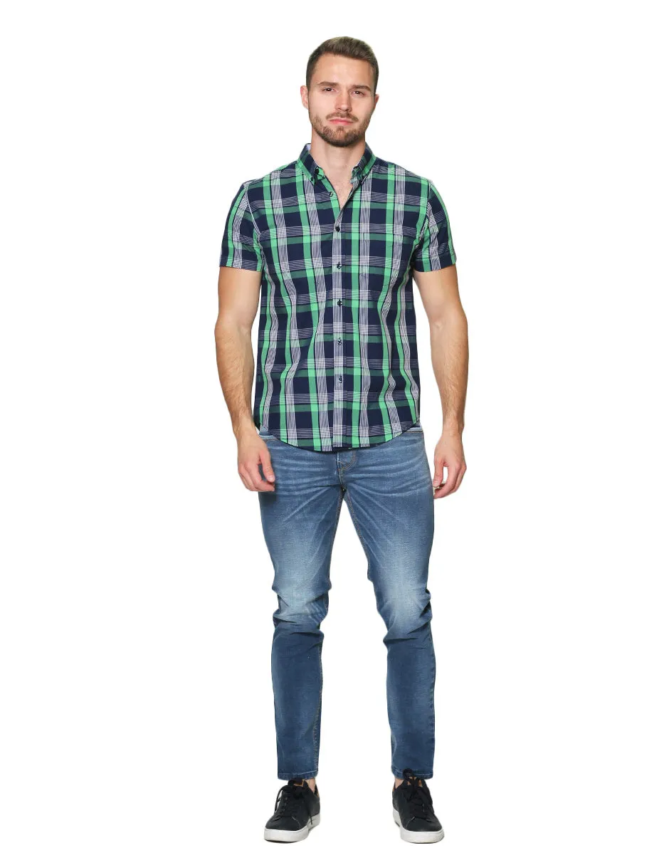 Camisas Para Hombre Manga Corta Cuadros Regular Fit B31262 Verde