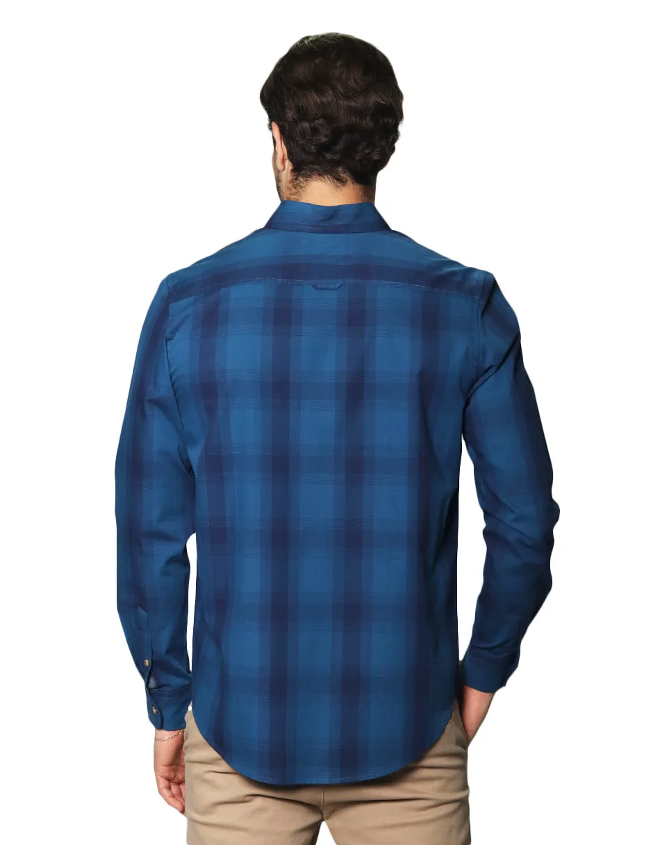 Camisas Para Hombre Manga Larga Cuadros B45106 Azul