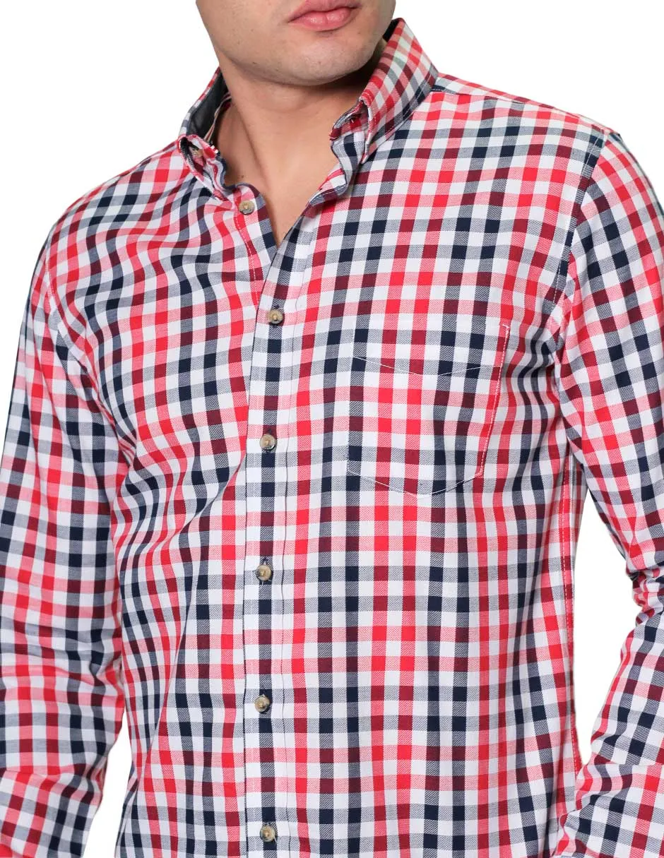 Camisas Para Hombre Manga Larga Cuadros Slim Fit B31102 Rojo