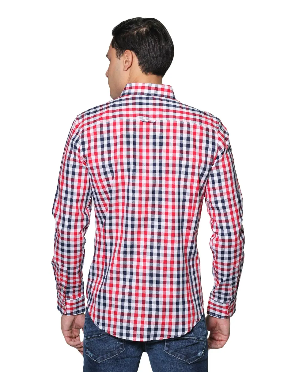 Camisas Para Hombre Manga Larga Cuadros Slim Fit B31102 Rojo