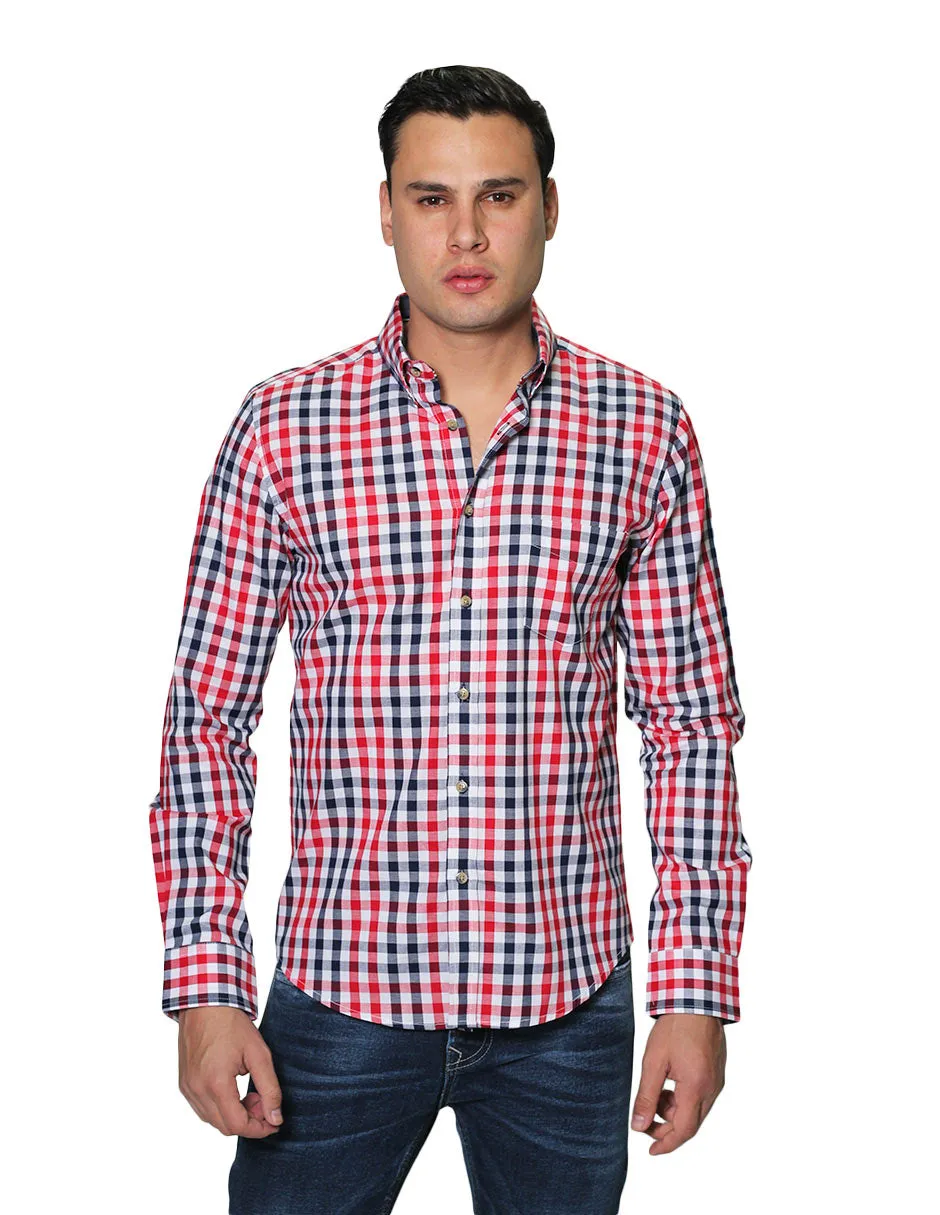 Camisas Para Hombre Manga Larga Cuadros Slim Fit B31102 Rojo