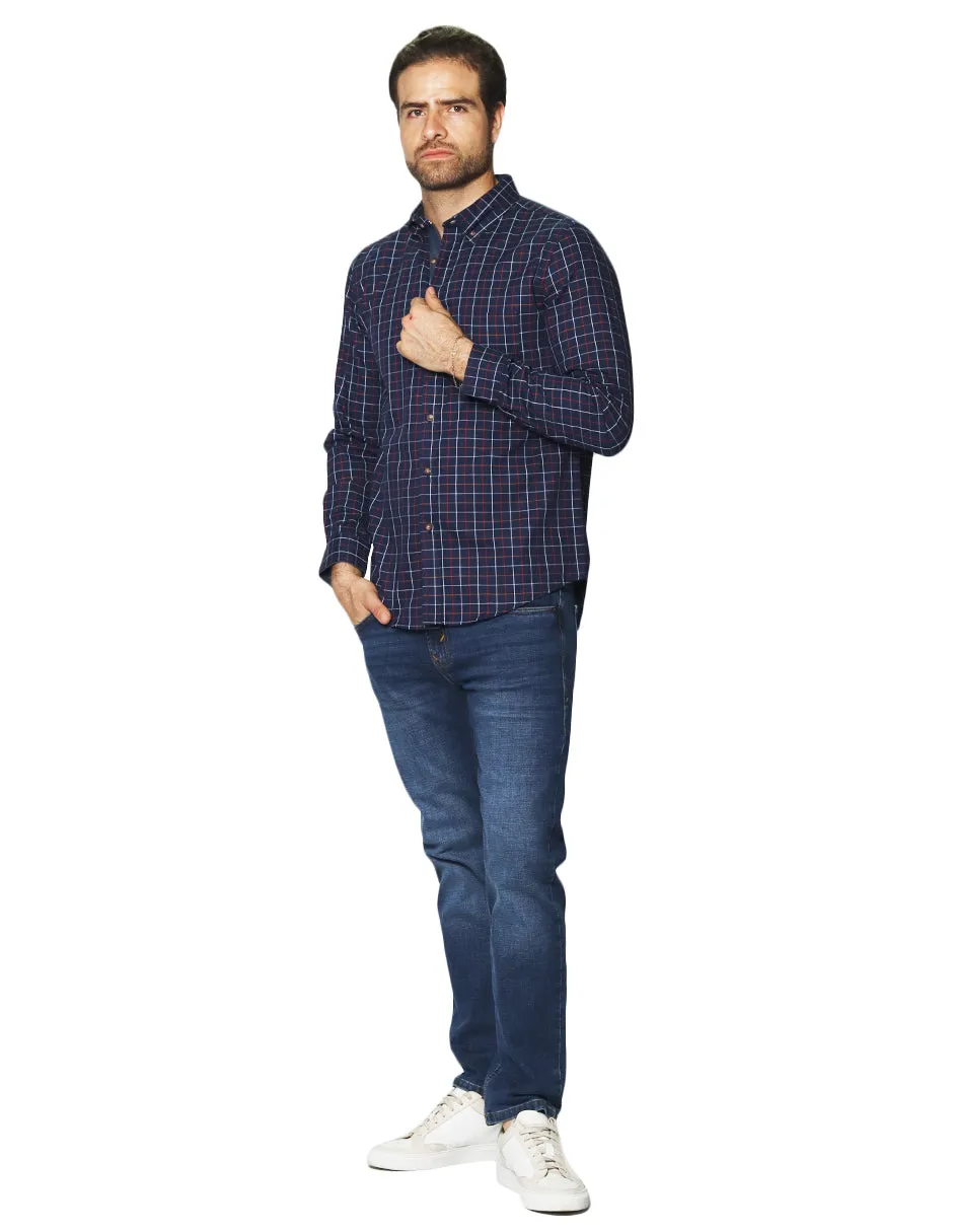 Camisas Para Hombre Manga Larga Estampado Cuadros B45112 Marino