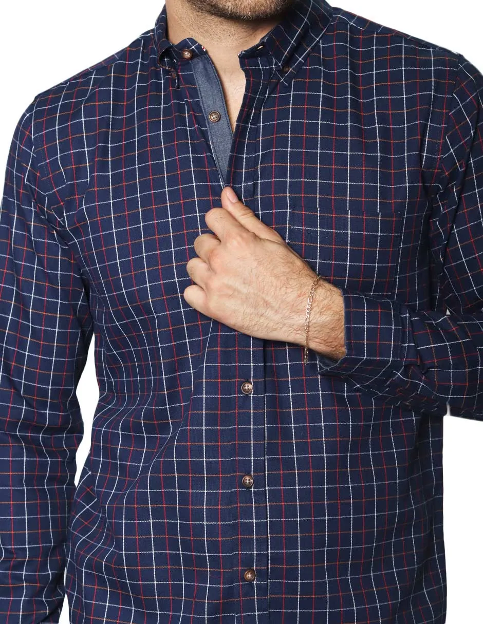 Camisas Para Hombre Manga Larga Estampado Cuadros B45112 Marino