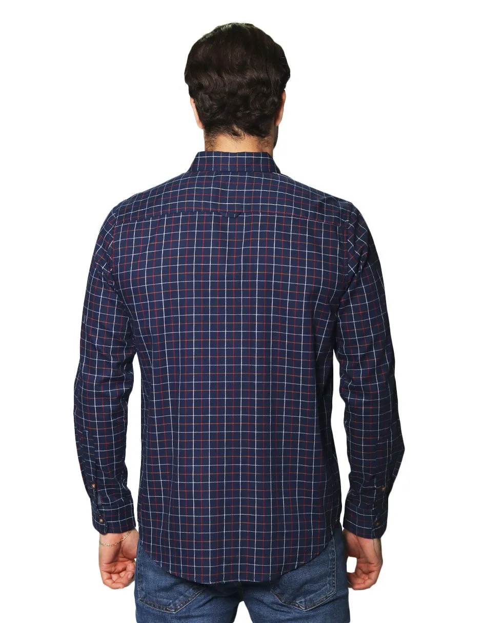 Camisas Para Hombre Manga Larga Estampado Cuadros B45112 Marino
