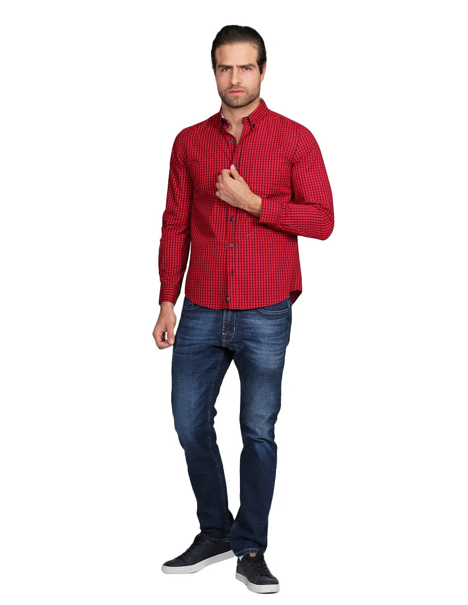Camisas Para Hombre Manga Larga Regular Fit Cuadros Rojo B21210