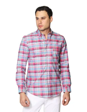 Camisas Para Hombre Oxford De Manga Larga Cuello Americano Con Estampado De Cuadros Regular Fit B41117 Rosa