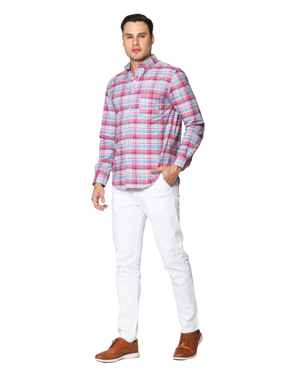 Camisas Para Hombre Oxford De Manga Larga Cuello Americano Con Estampado De Cuadros Regular Fit B41117 Rosa