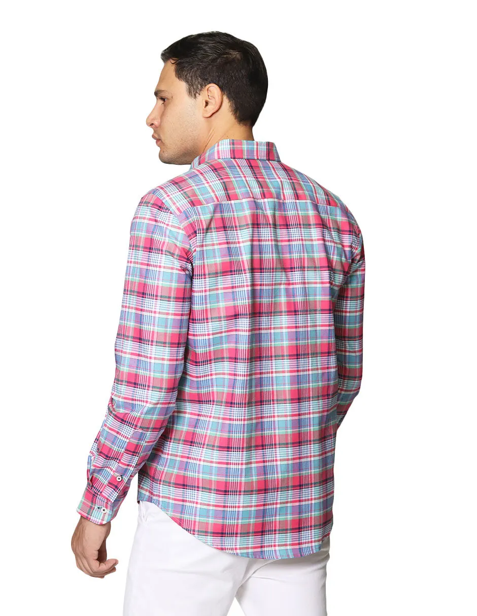 Camisas Para Hombre Oxford De Manga Larga Cuello Americano Con Estampado De Cuadros Regular Fit B41117 Rosa