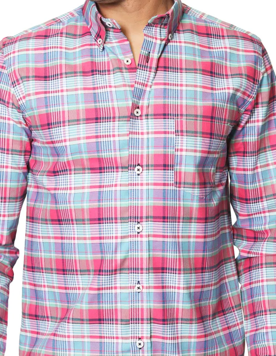 Camisas Para Hombre Oxford De Manga Larga Cuello Americano Con Estampado De Cuadros Regular Fit B41117 Rosa