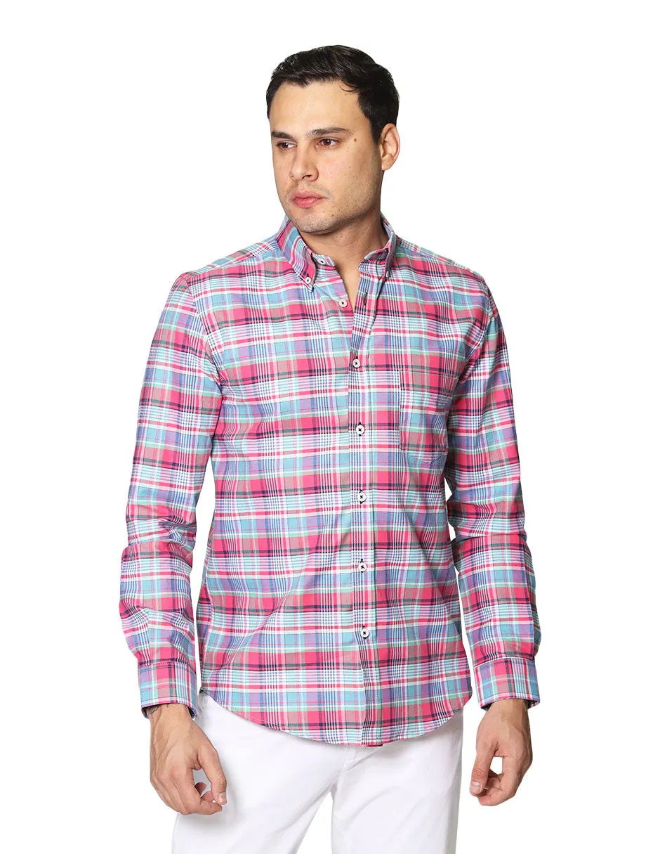 Camisas Para Hombre Oxford De Manga Larga Cuello Americano Con Estampado De Cuadros Regular Fit B41117 Rosa
