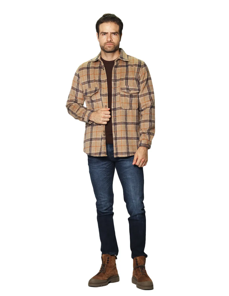 Camisolas Para Hombre De Manga Larga Con Bolsillos Y Estampado De Cuadros B35126 Kaki