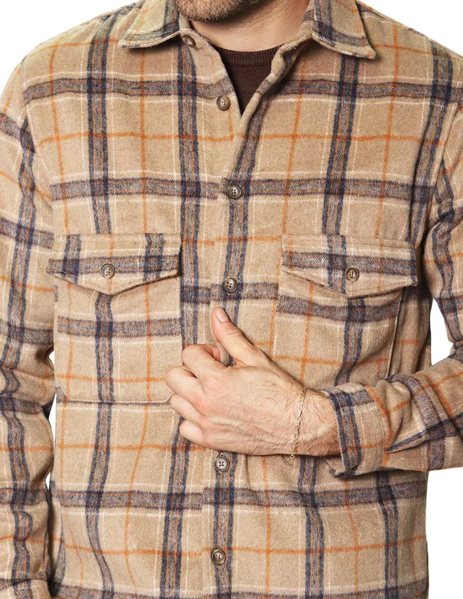 Camisolas Para Hombre De Manga Larga Con Bolsillos Y Estampado De Cuadros B35126 Kaki