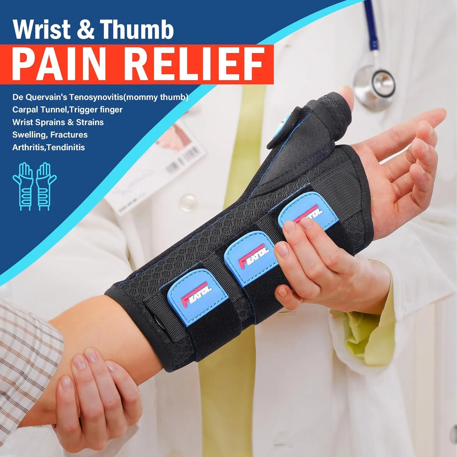 FEATOL 2 Pack Wrist Brace with Thumb Spica Splint for De Quervain's Tenosynovitis, Carpal Tunnel, Tendonitis, Arthritis-Thumb Brace for Pain Relief-Left Right Hand-Large/Extra Large