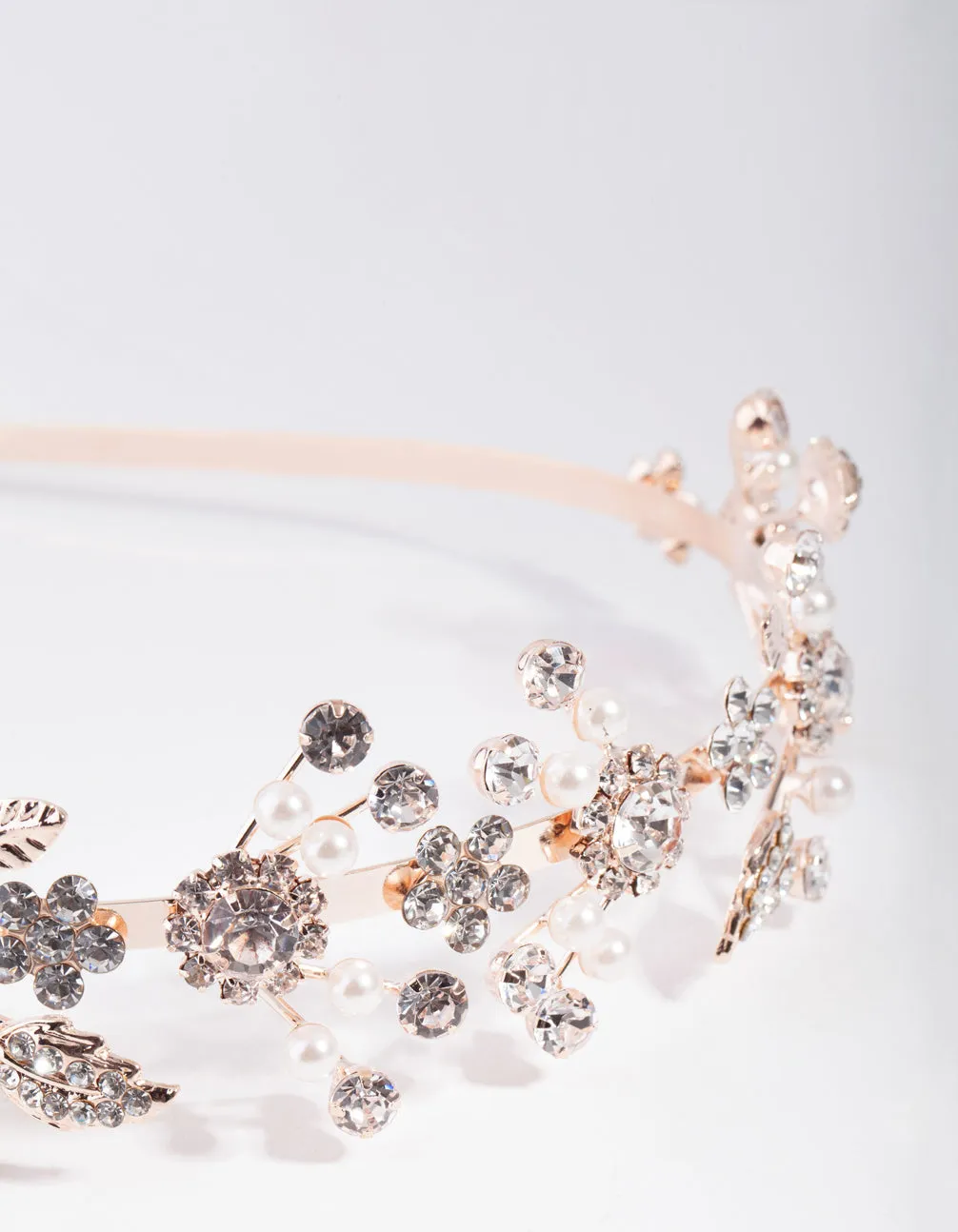 Rose Gold Leaf Diamante Pearl Spray Alice Band