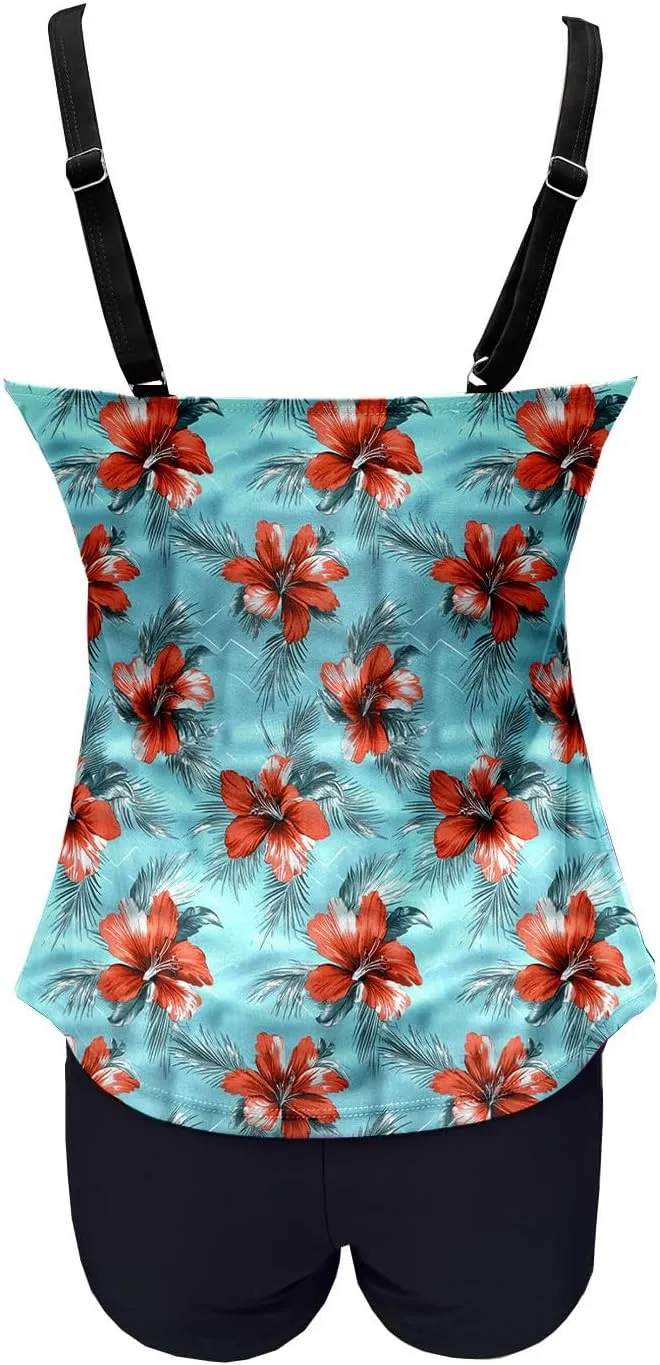 Tankini Swimsuits for Women Tummy Control with Boy Shorts Modest 2 Piece Bathing Suit Trendy Floral Athletic Swimwear