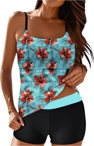 Tankini Swimsuits for Women Tummy Control with Boy Shorts Modest 2 Piece Bathing Suit Trendy Floral Athletic Swimwear