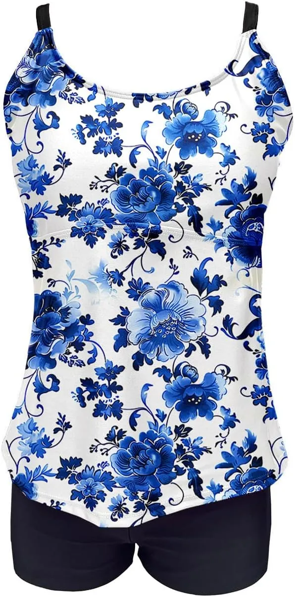 Tankini Swimsuits for Women Tummy Control with Boy Shorts Modest 2 Piece Bathing Suit Trendy Floral Athletic Swimwear