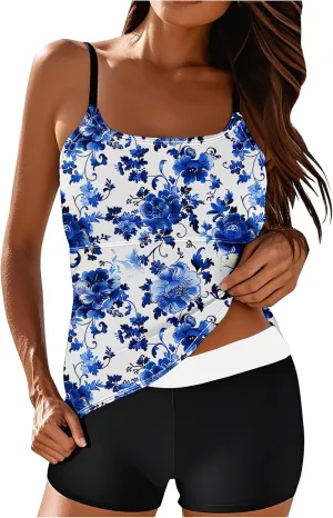 Tankini Swimsuits for Women Tummy Control with Boy Shorts Modest 2 Piece Bathing Suit Trendy Floral Athletic Swimwear