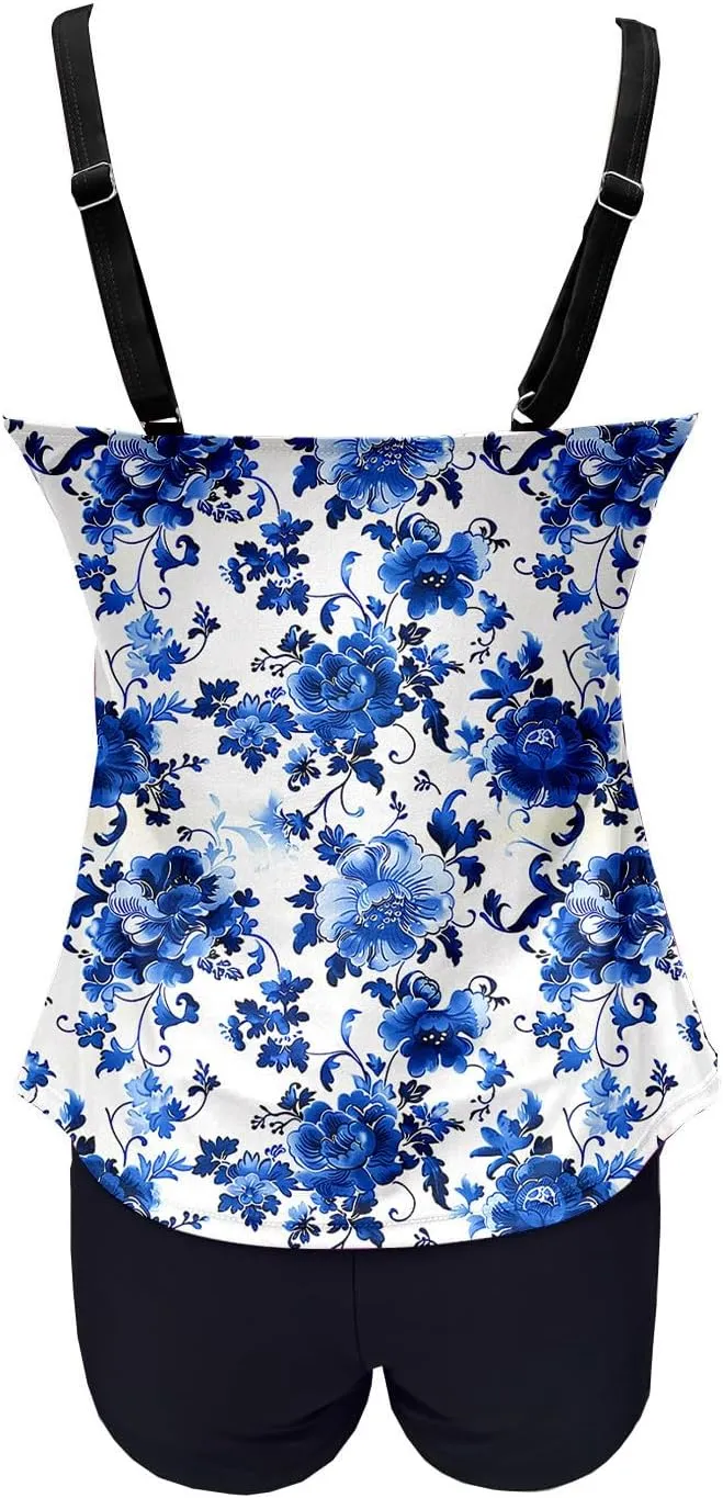 Tankini Swimsuits for Women Tummy Control with Boy Shorts Modest 2 Piece Bathing Suit Trendy Floral Athletic Swimwear