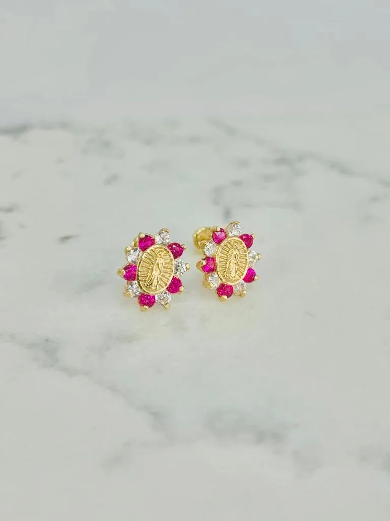 Virgen de Guadalupe Earrings  ● Screw Back Earrings ● Red Stone Guadalupe Earrings 9x8mm ● 10K Solid Gold