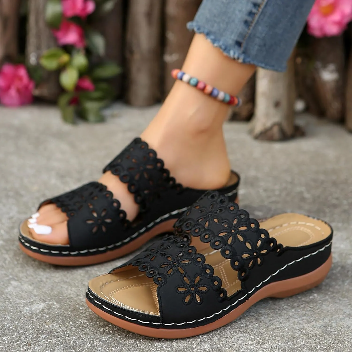 Walking Sandals for Women Open Toe Slip On Wedge Slides Arch Support Orthopedic Sandal Memory Foam Platform Shoes