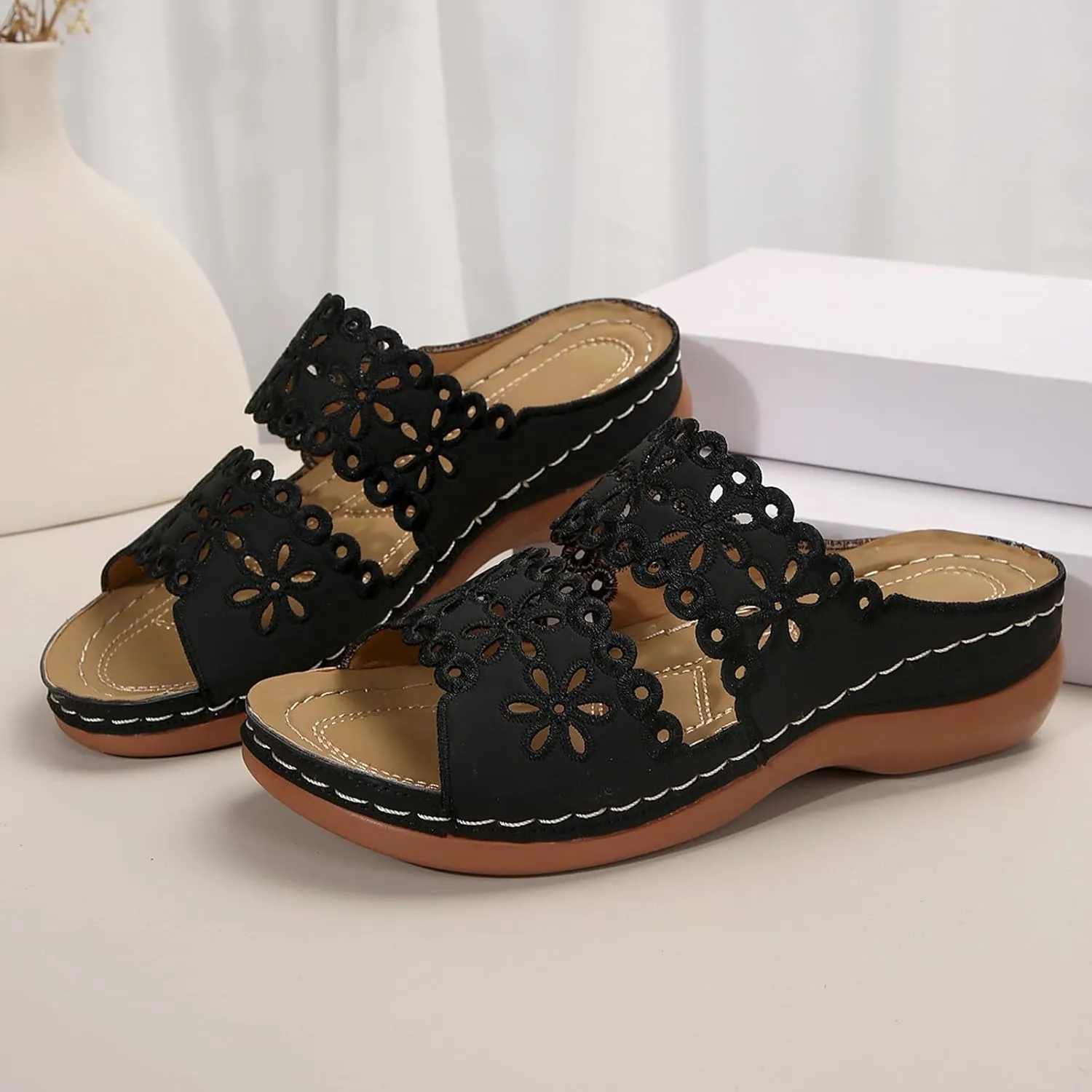 Walking Sandals for Women Open Toe Slip On Wedge Slides Arch Support Orthopedic Sandal Memory Foam Platform Shoes