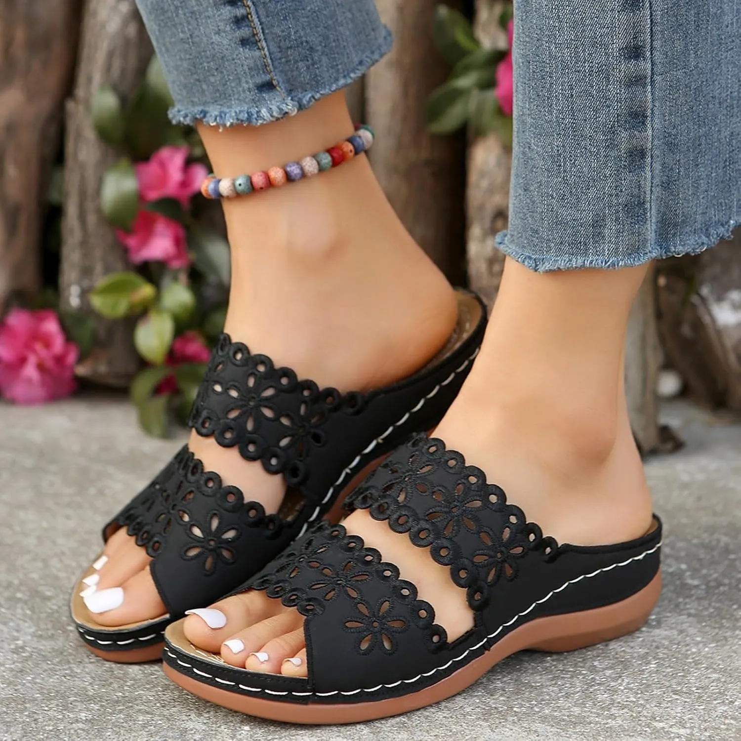 Walking Sandals for Women Open Toe Slip On Wedge Slides Arch Support Orthopedic Sandal Memory Foam Platform Shoes