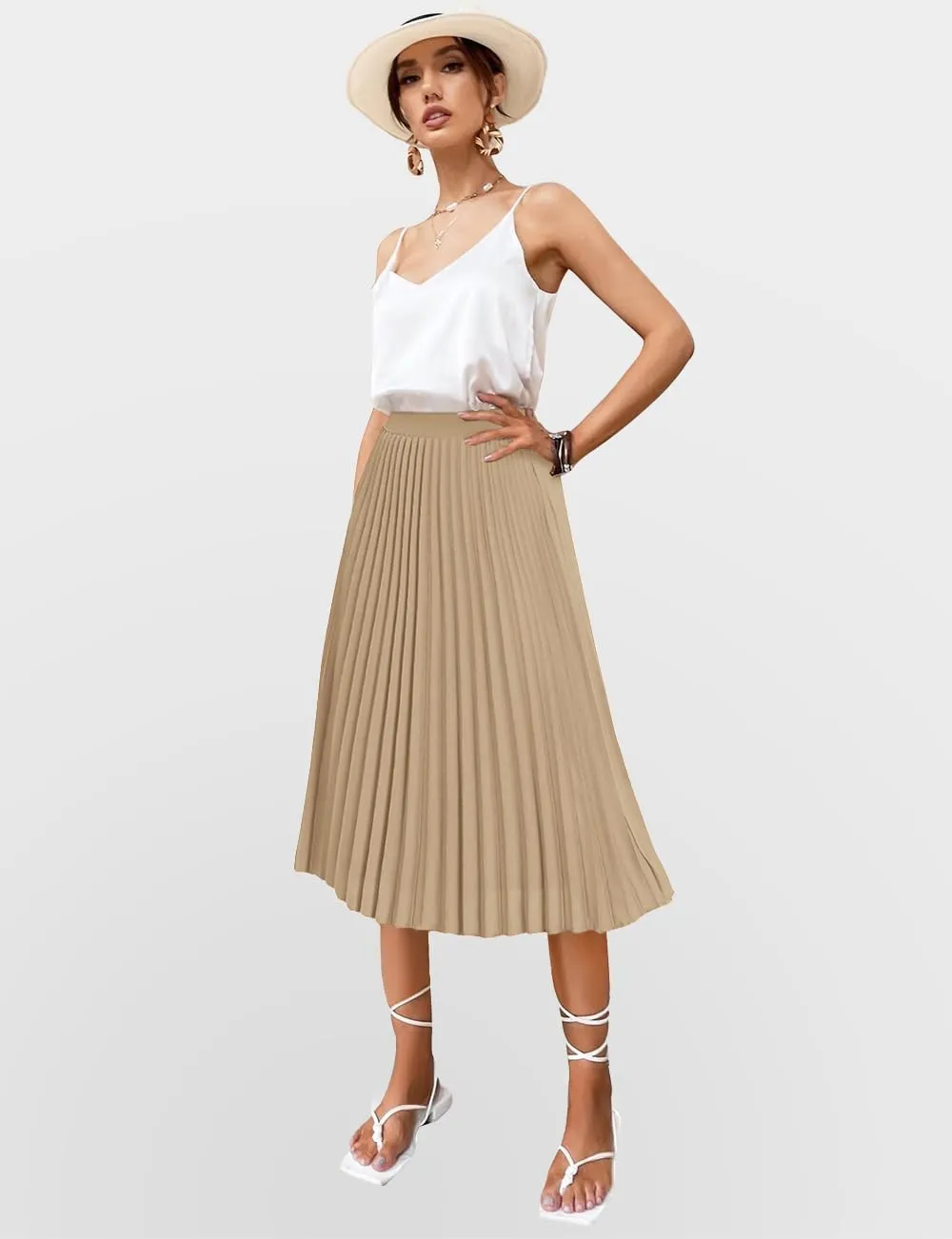 Women's Midi Skirt Elastic High Waist Pleated Skirt Knee Length Swing A-Line Casual Flowy Skirts 2025